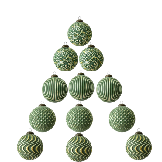 Green & Gold Embossed Christmas Ornaments – Elegant Textured Bauble Set (12 Pieces)