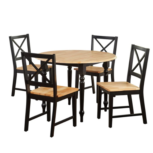 5-Piece Dining Set – Two-Tone Round Table with Drop Leaves & Cross-Back Chairs