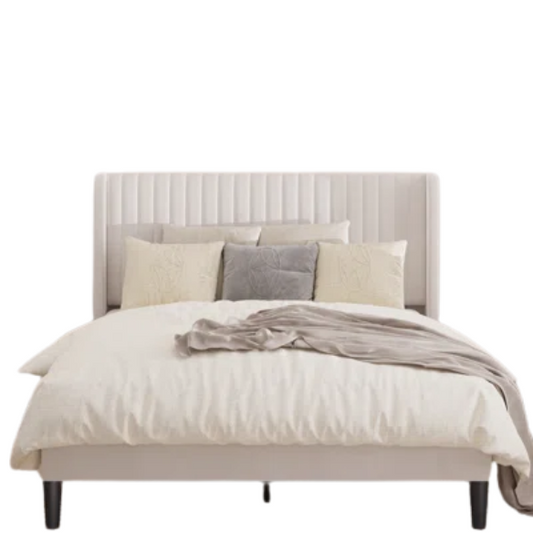 King Size Upholstered Platform Bed with Wingback Headboard – Simple, Elegant Design, Sturdy Wooden Slats, No Box Spring Needed for a Luxurious Sleep Experience
