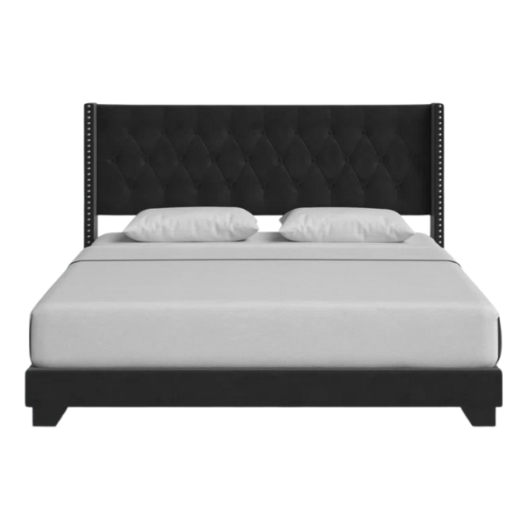 King Size Upholstered Low-Profile Bed with Wingback Headboard, Button Tufting, and Nailhead Trim – Glamorous, Traditional Design with Flared Legs