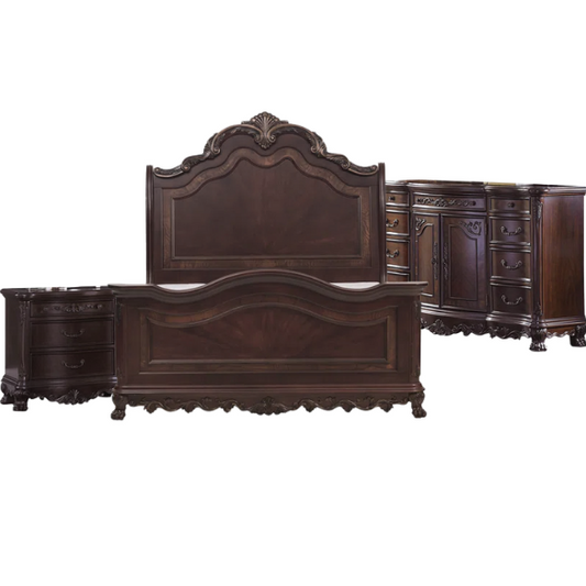 4-Piece Configurable Bedroom Set with Solid Cherry Wood Construction, Antique Walnut Veneer, Crown Molding, Carved Claw Feet, and Ample Storage - Includes Bed, Dresser, Nightstand, and Matching Mirror