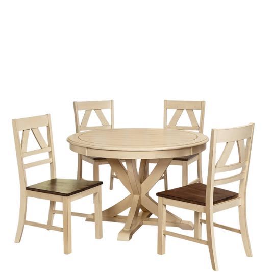 Charming Country-Style Dining Set with Rustic Appeal – Round Table & Geometric Back Chairs