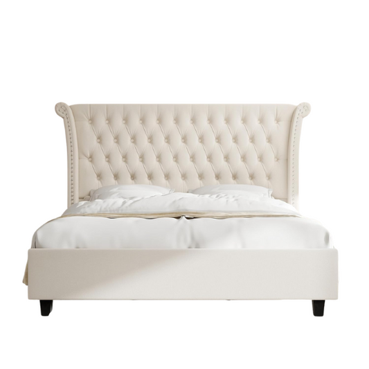 Luxurious Tufted Button Upholstered Wingback Queen Bed with Raised Headboard for Ultimate Comfort
