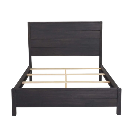 Rustic Solid Pine Wood King Size Panel Bed with Distressed Finish and Streamlined Headboard