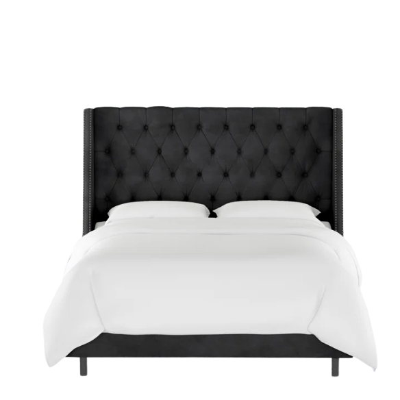 Chic Upholstered Wingback King Size Bed with Button Tufting and Nailhead Trim
