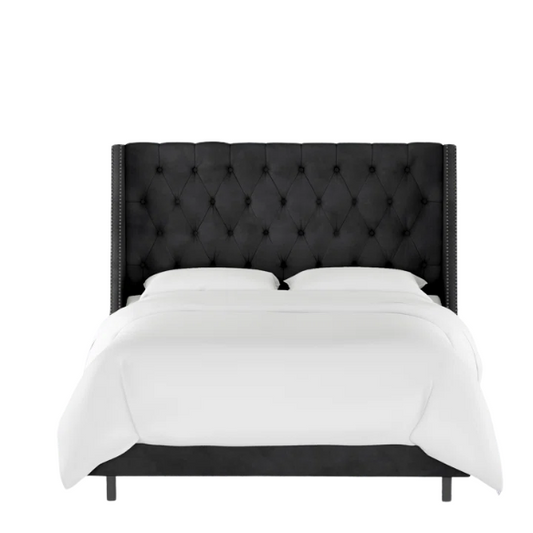 Chic Upholstered Wingback King Size Bed with Button Tufting and Nailhead Trim