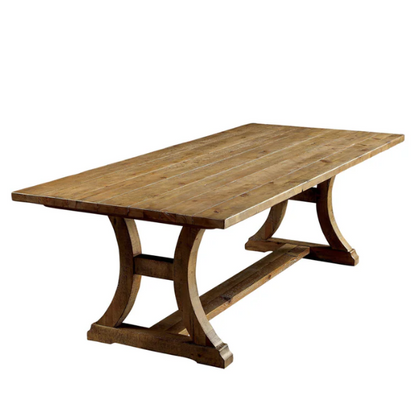 Rustic Pine Solid Wood Dining Table – Farmhouse-Style with Trestle Base, C-Shaped Legs & Planked Top