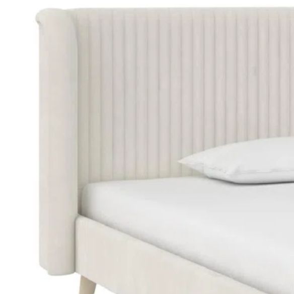 King Size Upholstered Wingback Platform Bed – Luxe Velvet Headboard with Vertical Tufting, Mid-Century Modern Design, and Space-Saving Wooden Frame