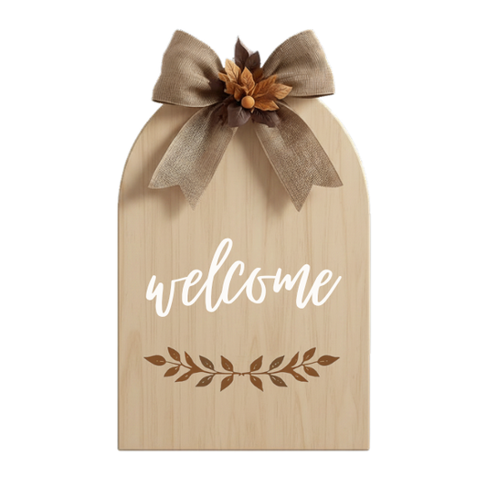 Rustic Wooden Welcome Sign with Leafy Branch & Ribbon Bow
