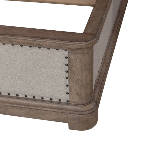 Timeless Elegance Barrigan 6-Piece King Panel Bed, Dresser, Mirror, Chest & Nightstand Set – Dusty Taupe Finish, Burnished Brass Accents, Full Extension Drawers, Cedar & Felt-Lined Drawers, Decorative Fretwork, and Built-in Charging Station
