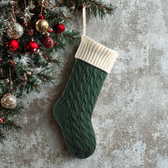 Green & White Knitted Christmas Stocking – Cable Knit Holiday Gift Bag with Soft Lining