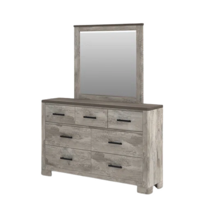 Coastal Farmhouse-Inspired King Size Bedroom Set: Distressed Whitewash Finish with Natural Brown Accents – Includes Platform Bed, 2-Drawer Nightstand, 7-Drawer Dresser with Mirror, and Optional 5-Drawer Chest for Complete Storage Solution