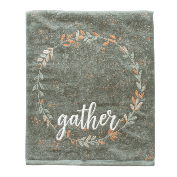 Gather Leafy Wreath Kitchen Towel - Sage Green Distressed Square Kitchen Towel