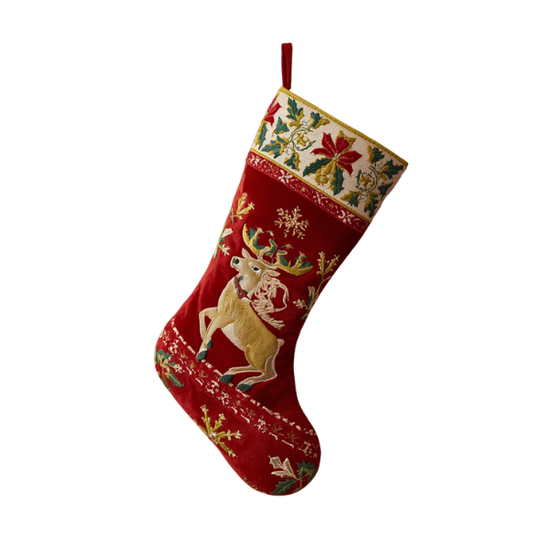 Red Christmas Stocking with Embroidered Golden Deer