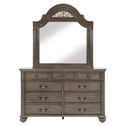 Elegant Traditional 5-Piece Grey Wood Poster Bedroom Set with Fluted Columns, Carved Floral Accents, and Bell-Shaped Headboard