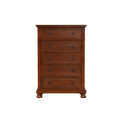 Cherry Brown King Size Platform Bedroom Set with Real Wood Veneers, Full Extension Footboard Storage Drawers, and Matching Large-Scale Dressers, Nightstands, and Mirror
