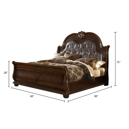 Classic Elegance 5-Piece Queen Bedroom Set in Dark Walnut with Button-Tufted Headboard, Marble-Topped Nightstand, 11-Drawer Dresser, Beveled Mirror, and Storage Chest