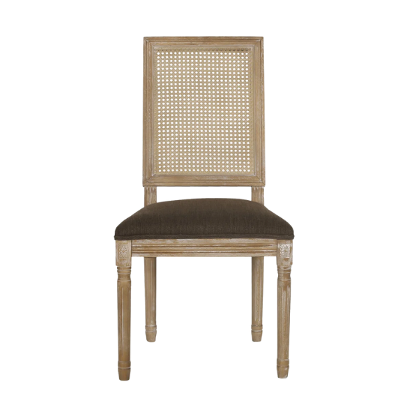 French Country Wood and Cane Upholstered Dining Chairs – Weathered Rubberwood Frame with Fluted Legs & Rectangular Cane Backrest