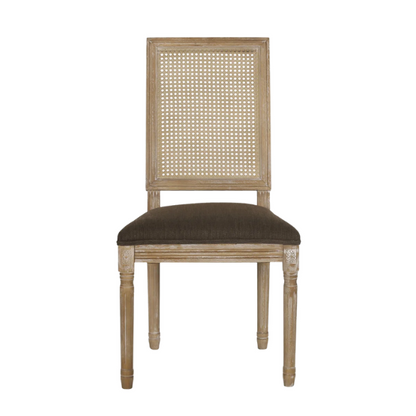 French Country Wood and Cane Upholstered Dining Chairs – Weathered Rubberwood Frame with Fluted Legs & Rectangular Cane Backrest