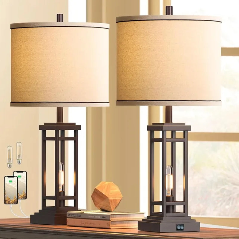 27.5 Tall Farmhouse Table Lamps with USB C + USB a Charge Ports, Rustic Living Room Lamps Set of 2, Black Industrial End Table