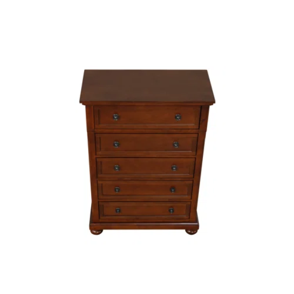 Cherry Brown King Size Platform Bedroom Set with Real Wood Veneers, Full Extension Footboard Storage Drawers, and Matching Large-Scale Dressers, Nightstands, and Mirror