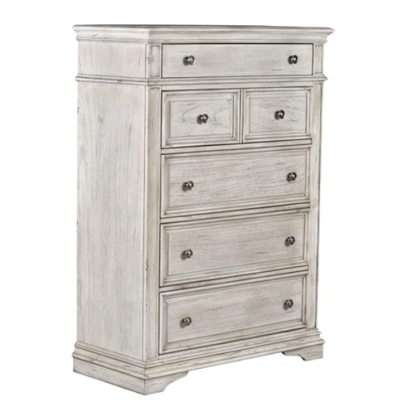 Rustic White King 5-Piece Bedroom Set – Upholstered Tufted Bed, Nightstand, Dresser with Mirror, and Chest