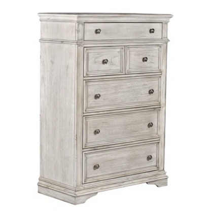 Rustic White King 5-Piece Bedroom Set – Upholstered Tufted Bed, Nightstand, Dresser with Mirror, and Chest