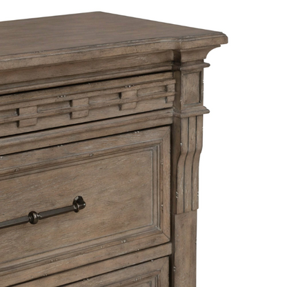 Timeless Elegance Barrigan 6-Piece King Panel Bed, Dresser, Mirror, Chest & Nightstand Set – Dusty Taupe Finish, Burnished Brass Accents, Full Extension Drawers, Cedar & Felt-Lined Drawers, Decorative Fretwork, and Built-in Charging Station