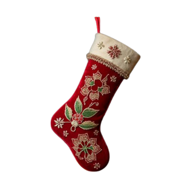 Festive Red Christmas Stocking with Embroidered Floral Design