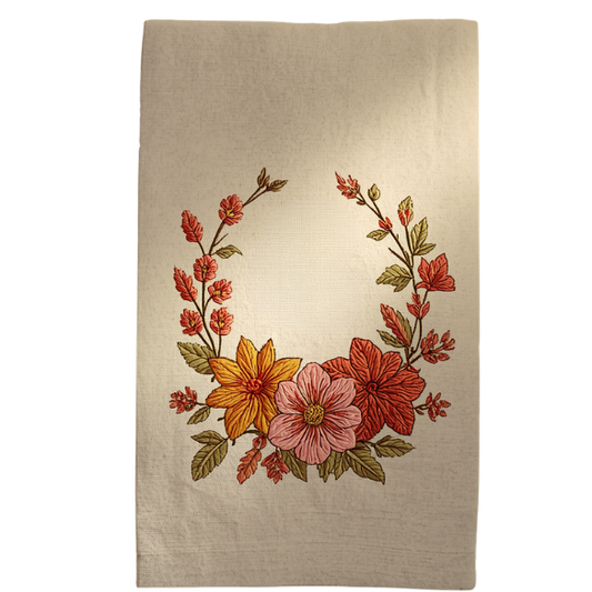 Hand-Embroidered Floral Wreath Linen Tea Towel in Beige