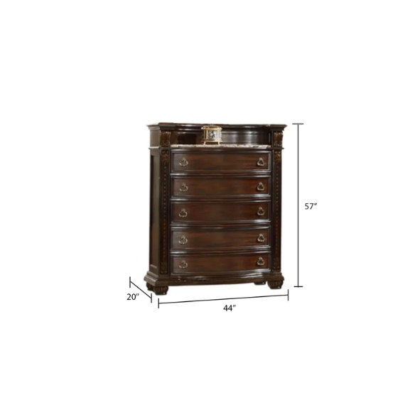 Classic Elegance 5-Piece Queen Bedroom Set in Dark Walnut with Button-Tufted Headboard, Marble-Topped Nightstand, 11-Drawer Dresser, Beveled Mirror, and Storage Chest