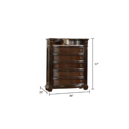 Classic Elegance 5-Piece Queen Bedroom Set in Dark Walnut with Button-Tufted Headboard, Marble-Topped Nightstand, 11-Drawer Dresser, Beveled Mirror, and Storage Chest