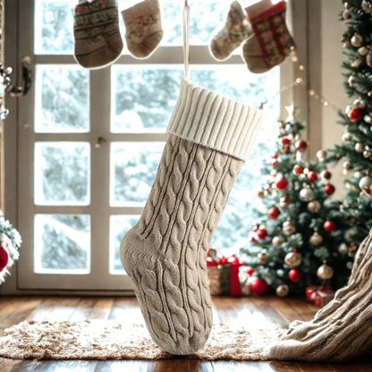 Taupe & White Knitted Christmas Stocking – Cable Knit Holiday Gift Bag with Soft Lining