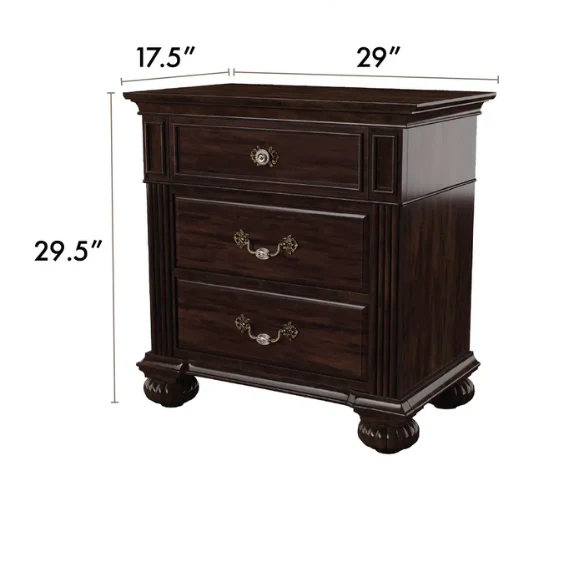 Elegant Traditional 4-Piece Walnut Wood Poster Bedroom Set with Floral Carved Headboard and Fluted Detailing