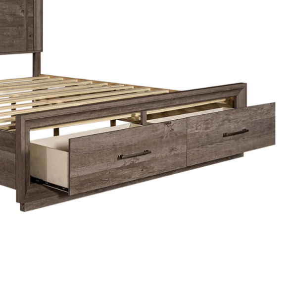 Modern Greystone 4-Piece King Storage Bed, Dresser, Mirror & Nightstand Set with LED Lighting, Built-In Charging Station, and Brushed Nickel Hardware – Floating Panel Headboard and Plinth Base