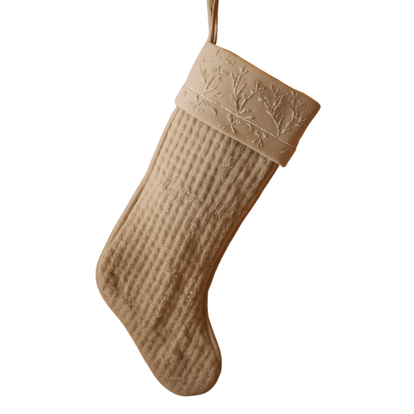 Light Taupe Waffle Textured Christmas Stocking with Embossed Floral Border