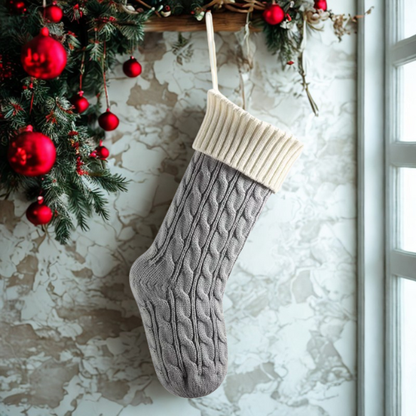 Grey & White Knitted Christmas Stocking – Cable Knit Holiday Gift Bag with Soft Lining