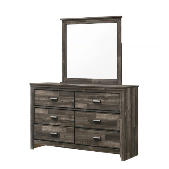 Rustic Dark Grey Weathered 6-Piece Platform Bedroom Set with Bold Black Hardware – Frame-Style Design, Metal-on-Metal Drawer Guides, and Sturdy Construction