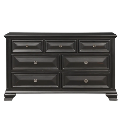 4-Piece Vintage Black Wood Panel Bedroom Set with Distressed Parchment Finish – Traditional Elegance with Silver Accents, Beveled Drawer Fronts, and Brass Rosette Knob Hardware