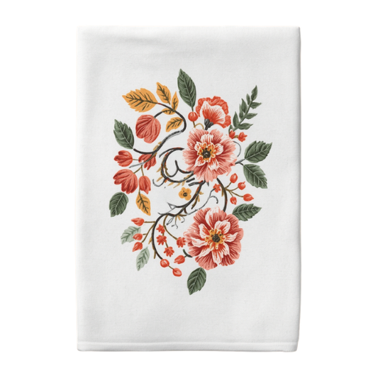 Vintage Floral Embroidered Kitchen Towel – Coral Pink & Green