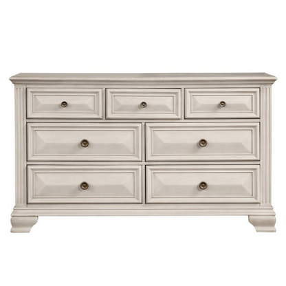 Distressed Parchment Wood Queen Bedroom Set – Elegant Silver Accents, Fluted Pilasters, and Beveled Drawer Fronts for Timeless Charm