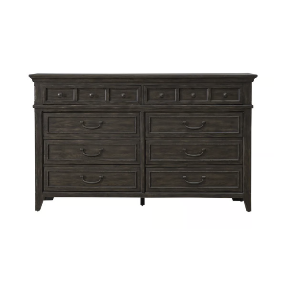 Rustic Elegance 3-Piece King Panel Bed, Dresser & Mirror Set in Saddle Brown – Crafted with Rubberwood and Split Heart White Oak Veneers, Soft-Close Drawers, Cedar Lining, Antique Pewter Hardware, and Crown Molding Details