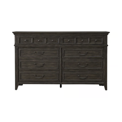 Rustic Elegance 3-Piece King Panel Bed, Dresser & Mirror Set in Saddle Brown – Crafted with Rubberwood and Split Heart White Oak Veneers, Soft-Close Drawers, Cedar Lining, Antique Pewter Hardware, and Crown Molding Details