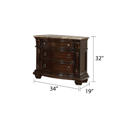 Classic Elegance 5-Piece Queen Bedroom Set in Dark Walnut with Button-Tufted Headboard, Marble-Topped Nightstand, 11-Drawer Dresser, Beveled Mirror, and Storage Chest