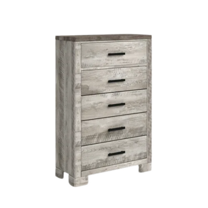 Coastal Farmhouse-Inspired King Size Bedroom Set: Distressed Whitewash Finish with Natural Brown Accents – Includes Platform Bed, 2-Drawer Nightstand, 7-Drawer Dresser with Mirror, and Optional 5-Drawer Chest for Complete Storage Solution