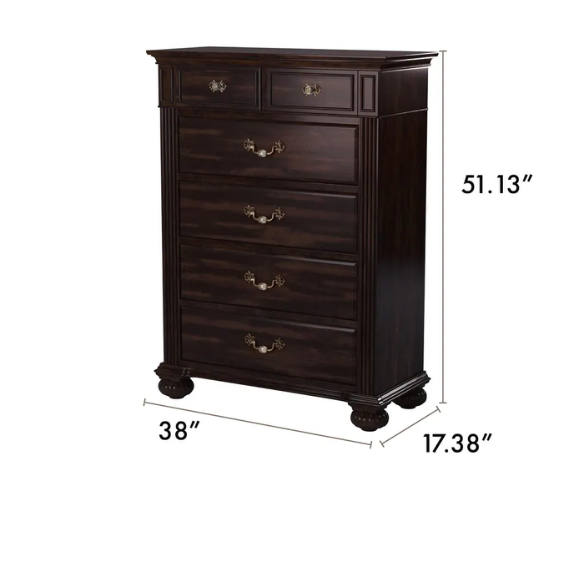 Traditional Walnut 3-Piece Queen Bedroom Set – Elegant Solid Wood Construction with Floral Carved Headboard, Antique Brass Accents, and Ample Storage