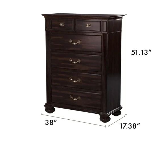 Elegant Traditional 4-Piece Walnut Wood Poster Bedroom Set with Floral Carved Headboard and Fluted Detailing