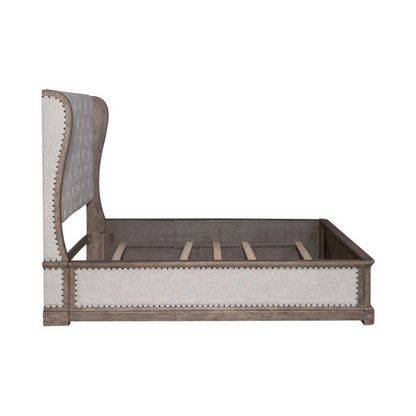 Timeless Elegance Barrigan 6-Piece King Panel Bed, Dresser, Mirror, Chest & Nightstand Set – Dusty Taupe Finish, Burnished Brass Accents, Full Extension Drawers, Cedar & Felt-Lined Drawers, Decorative Fretwork, and Built-in Charging Station