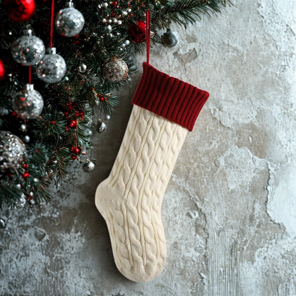 Red Top with White Knitted Christmas Stocking – Cable Knit Holiday Gift Bag with Soft Lining