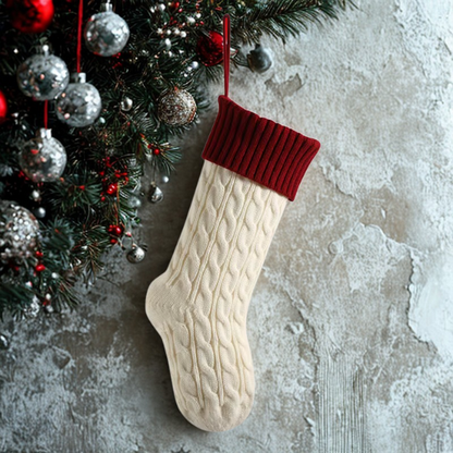 Red Top with White Knitted Christmas Stocking – Cable Knit Holiday Gift Bag with Soft Lining